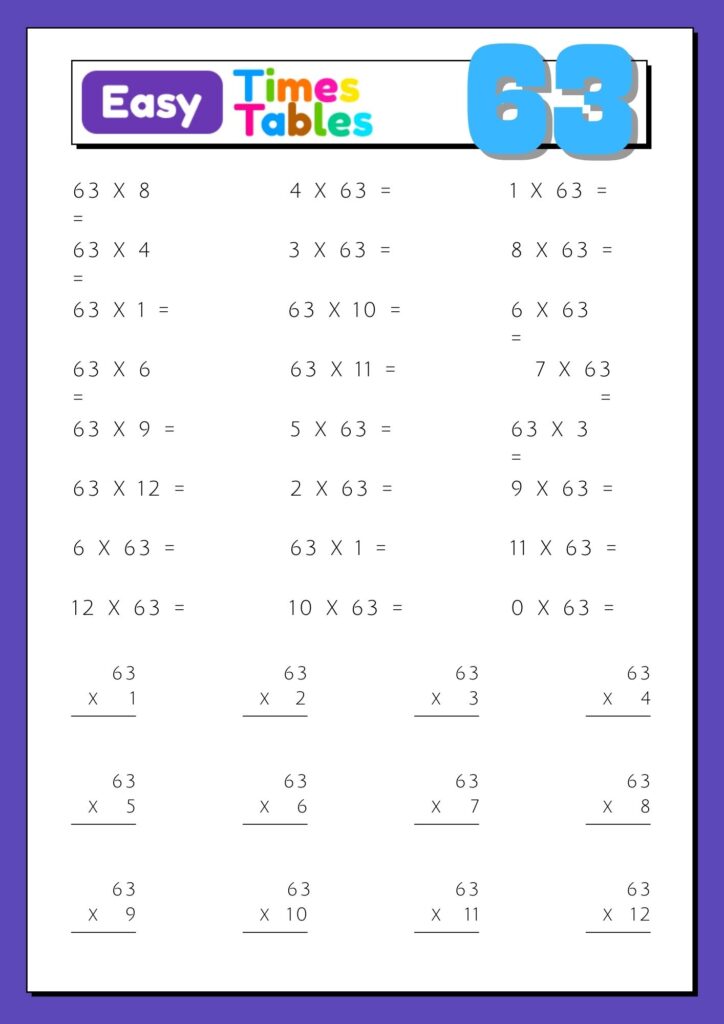 Images with printable exercises of multiplication table 63